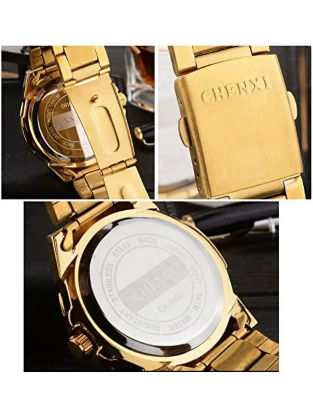Stylish Gold Stainless Steel Men's Watch with Crystals - Classic Design, FQ-005